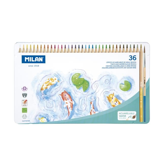 Milan Water Soluble Coloured Hexagonal Pencils Pack 36 Metal Box-Officecentre