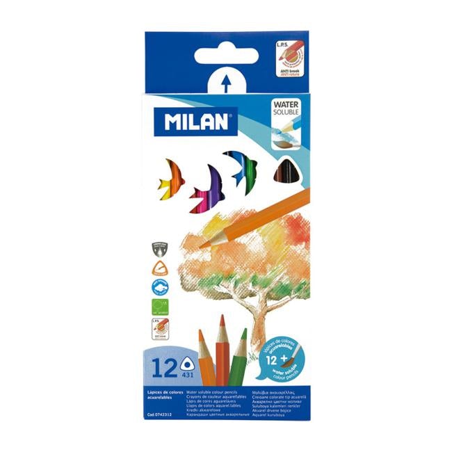 Milan Water Soluble Coloured Pencils Triangular Pack 12 Assorted Colours-Officecentre
