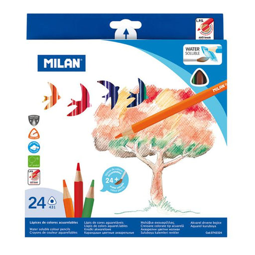 Milan Water Soluble Coloured Pencils Triangular Pack 24 Assorted Colours-Officecentre