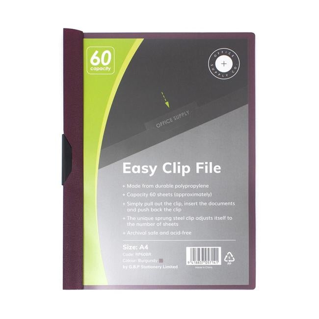 OSC Clip Easy File A4 Burgundy 60 Sheet-Officecentre