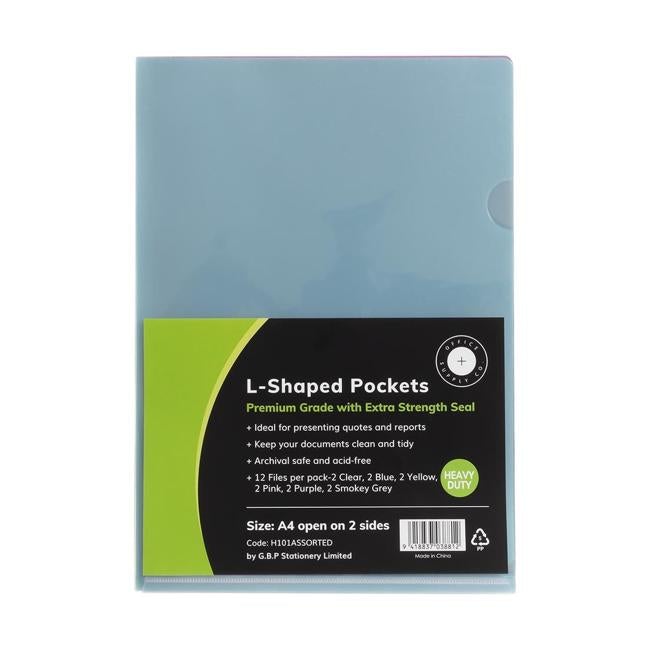 OSC L Shaped Pockets A4 Assorted Colours Pack 12-Officecentre