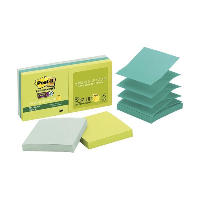Post-it Recycled Super Sticky Pop-Up Notes R330-6SST 76x76mm Bora Bora Pack of 6-Officecentre