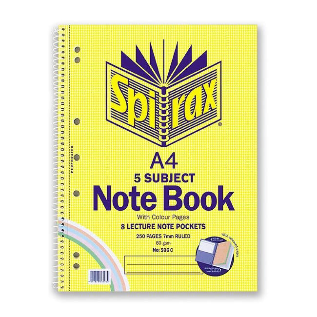 Spirax 596c 5 subject notebook coloured a4 250 page-Officecentre