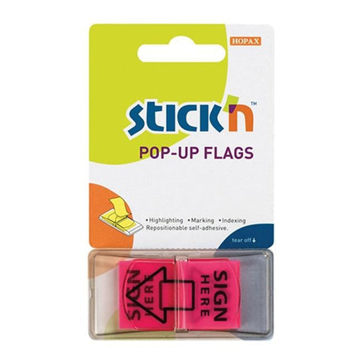 Stick’n Pop Up Flags Sign Here Pink 45x25mm 50 Sheets-Officecentre