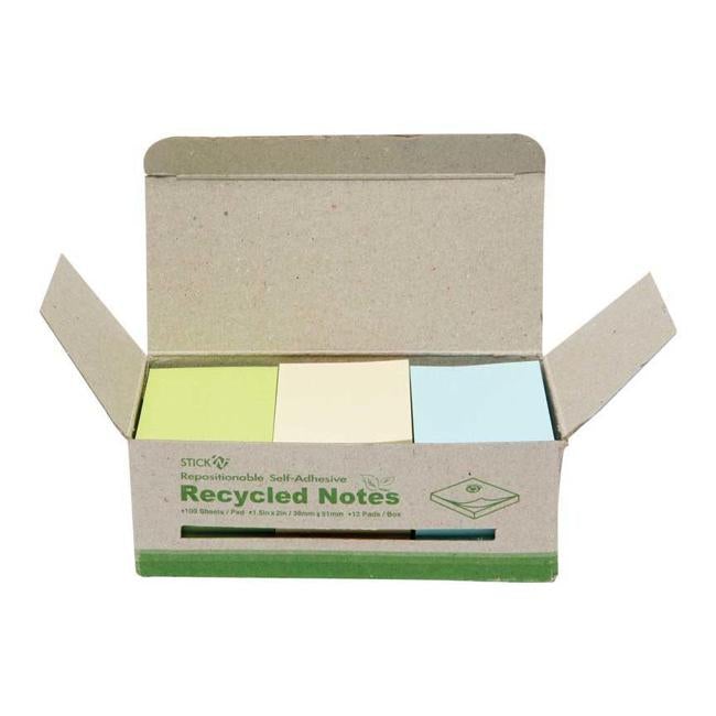 Stick’n Recycled Notes 38x50mm 100 Sheet Assorted Box 12-Officecentre