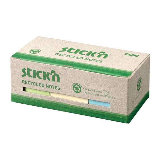 Stick’n Recycled Notes 38x50mm 100 Sheet Assorted Box 12-Officecentre