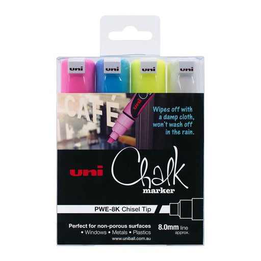 Uni Chalk Marker 8.0mm Chisel Tip 4 Pack PWE-8K-Officecentre