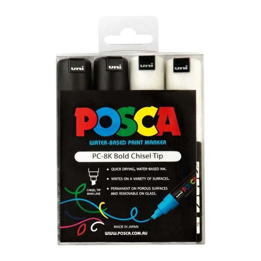 Uni Posca Marker 8.0mm Bold Chisel 4 Pack Black White PC-8K-Officecentre