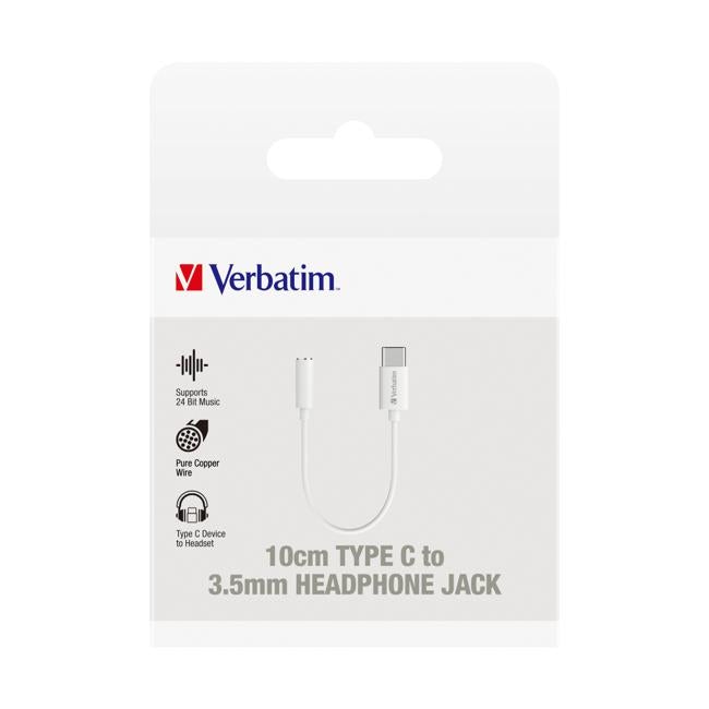 Verbatim Essentials USB-C to 3.5mm Headphone Jack 10cm White-Officecentre