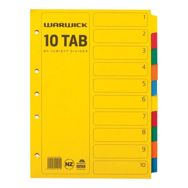 Warwick Divider A4 10 Tab Coloured-Officecentre