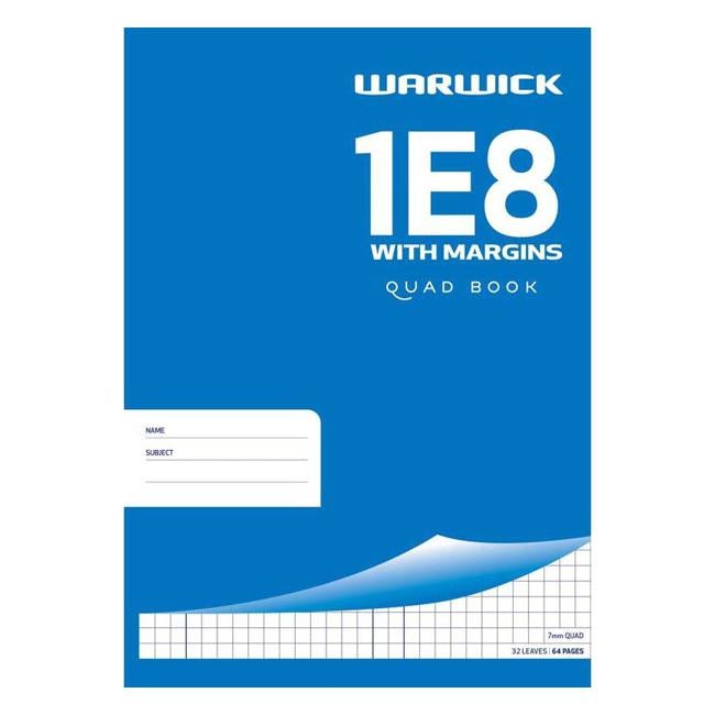 Warwick Exercise Book 1E8 7mm Quad With Margin 32 Leaf A4-Officecentre