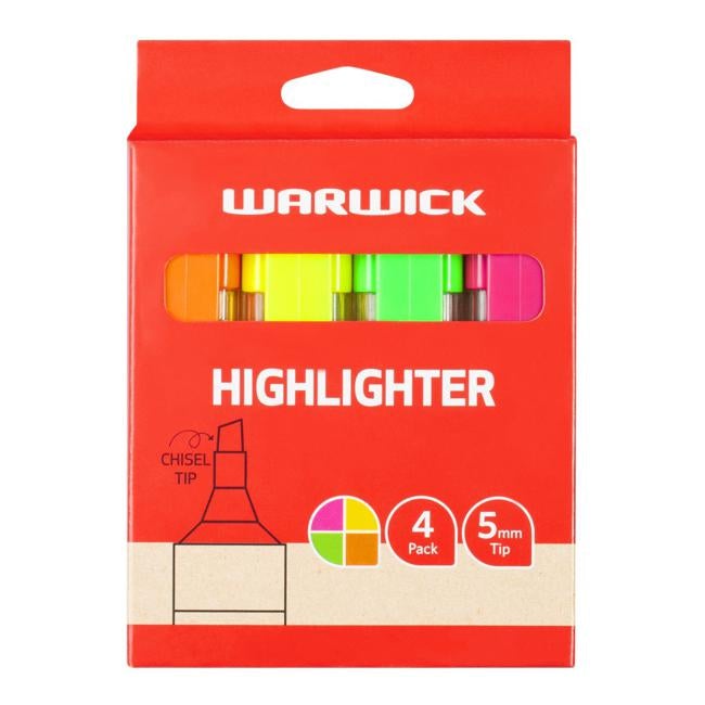 Warwick Highlighter Stubby Assorted 4 Pack-Officecentre