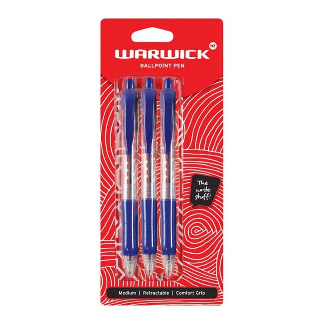 Warwick Pen Ballpoint Blue Retractable Medium Comfort Grip 3 Pack-Officecentre